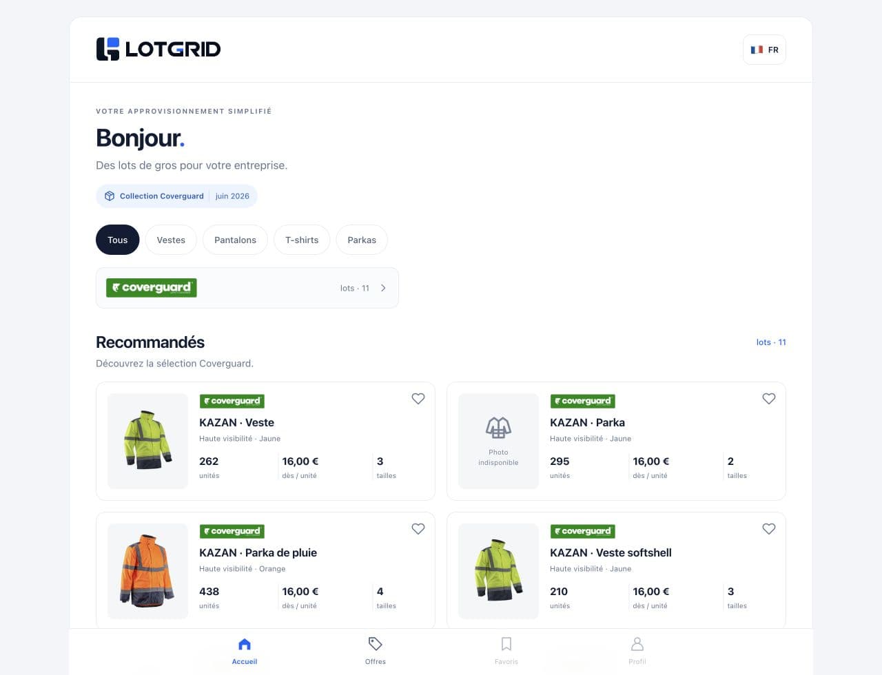 Capture de l’application LOTGRID : accueil et sélection de lots professionnels Coverguard